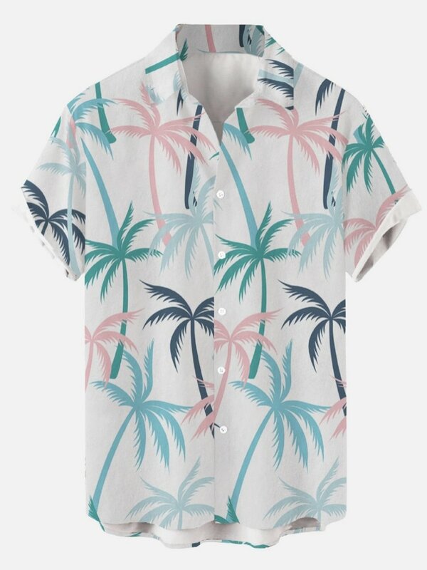 하와이안 남성용 프린트 반팔 셔츠, 해변 코코넛 나무, 패션 라펠 탑 2023, 남성 꽃무늬 의류, 신제품