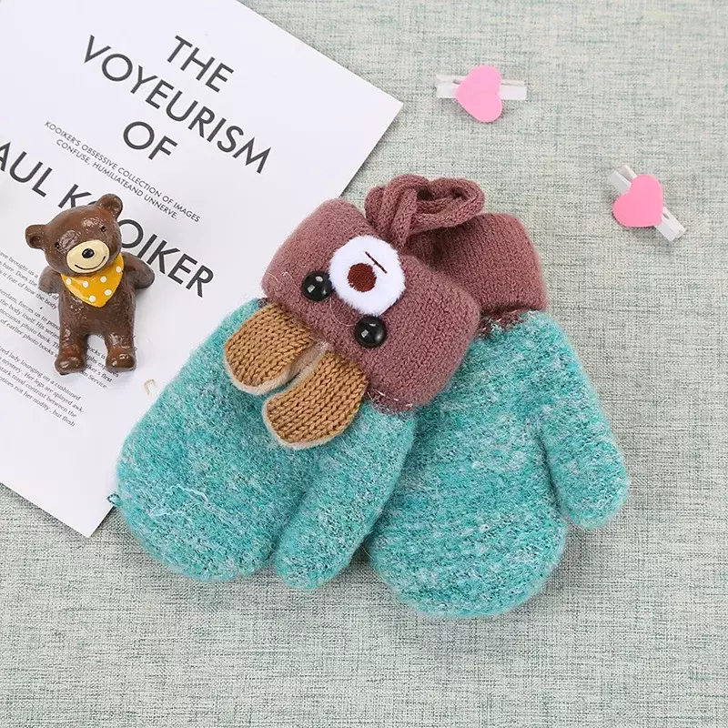 Luvas de urso bonito dos desenhos animados para bebês, luvas de lã tricotadas grossas e quentes, luvas de corda completa para meninos e meninas, crianças 0-3 Y, inverno