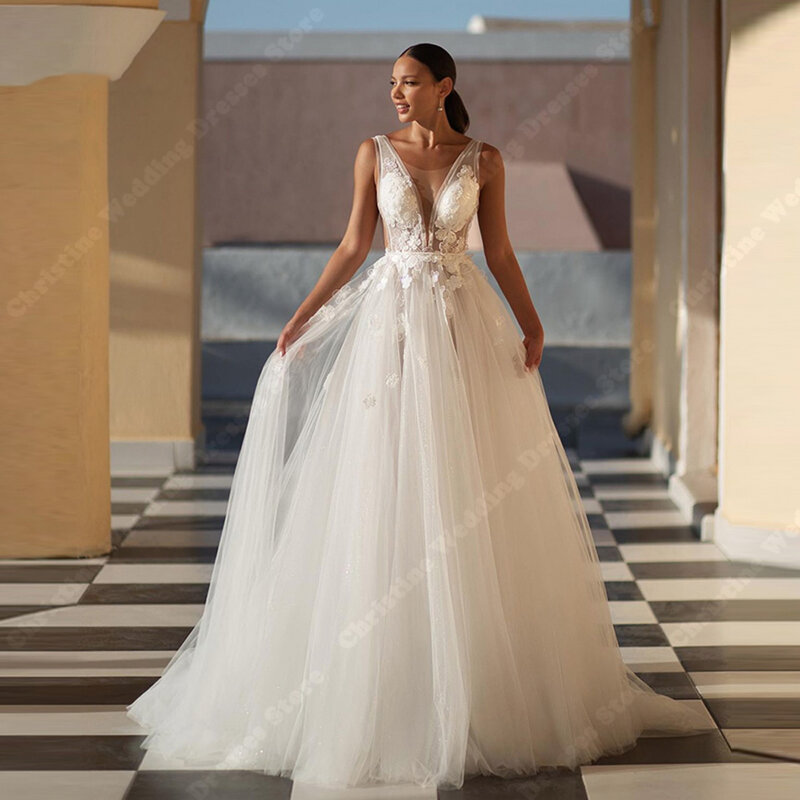 Elegant Deep V-Neck Women Wedding Dresses Tulle Surface Sleevelesss Bohemian Custom Made Gowns Mopping Length Vestidos De Novias