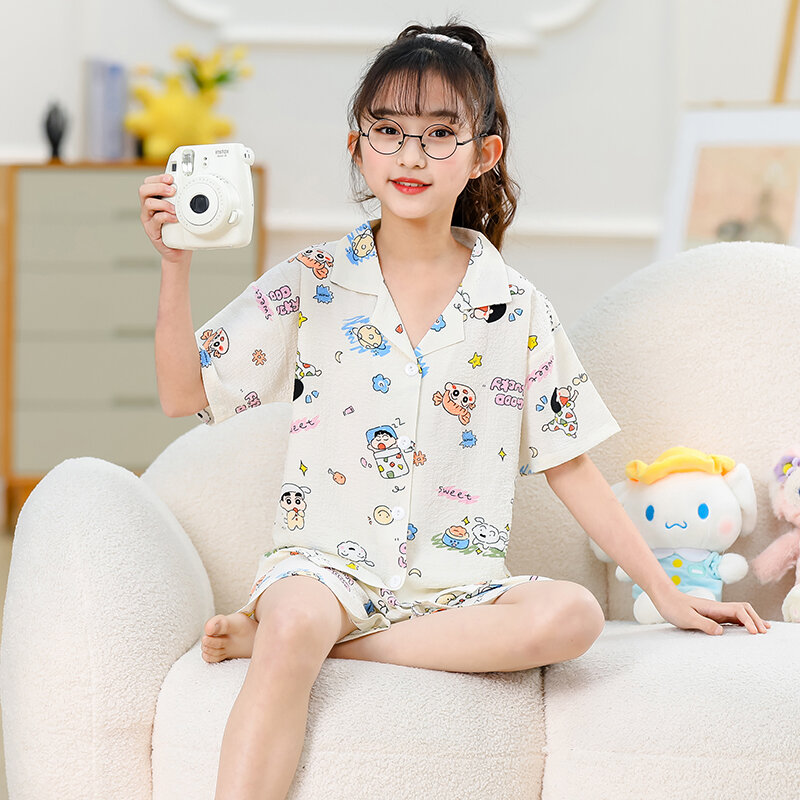 Kinder pyjamas Mädchen neue kurz ärmel ige Revers Sommer Student Cartoon niedlichen Strickjacke Home Kleidung Set kann äußerlich getragen werden