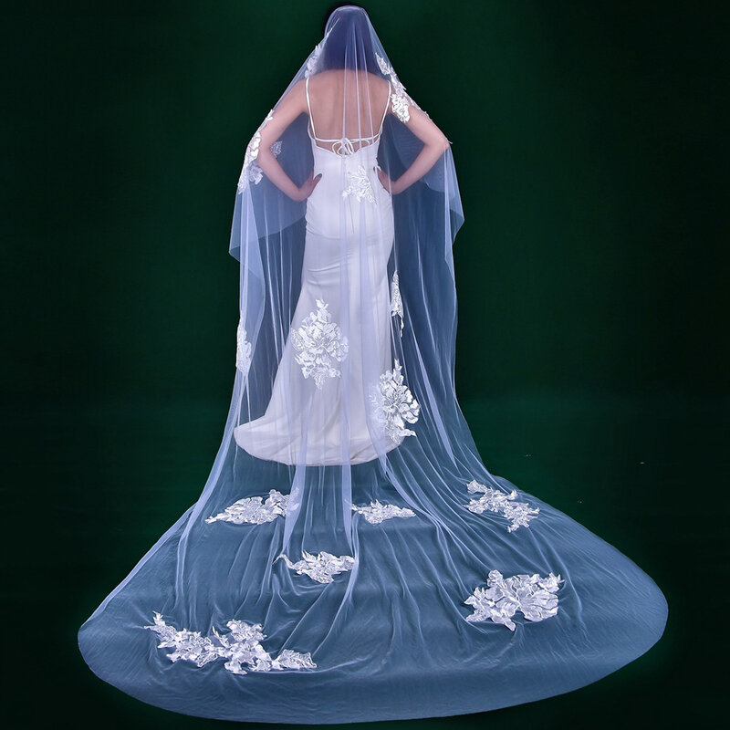 حجاب زفاف بذيل طويل مع رقعة تطريز زهور ، غطاء رأس للعروس ، بطول 3 أمتار ، BL4063