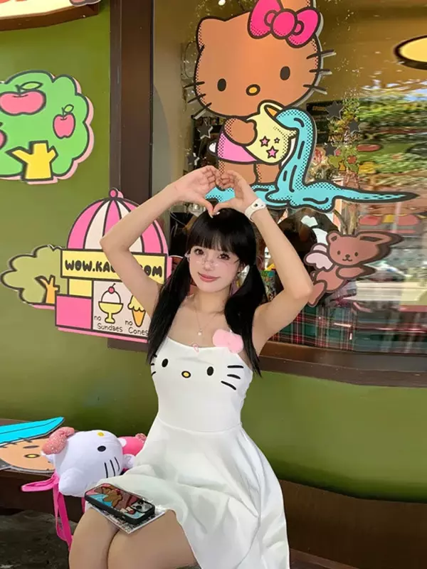 HOUZHOU vestido blanco Kawaii para mujer, Vestido corto japonés Y2k con bordado de cara de gato, tirantes finos, lazo de retazos, vestido de verano de Anime