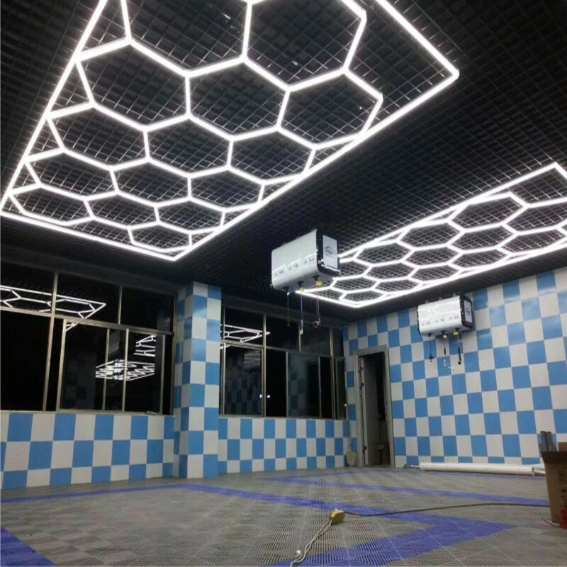 Hexagon LED Honeycomb Batten Light System, Iluminação comercial para garagem, Oficina de automóveis, melhor venda, 15