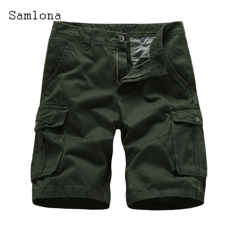 Samlona-pantalones cortos con cremallera para hombre, Shorts hasta la rodilla, color caqui y gris, talla grande, a la moda, novedad de verano 2023