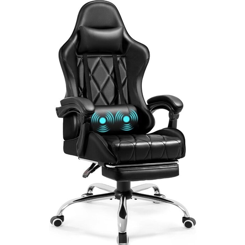 Игровой стул с функцией оттоманки и массажа, поддержка поясницы, поворот на 360 °, регулируемое по высоте сиденье с подголовником