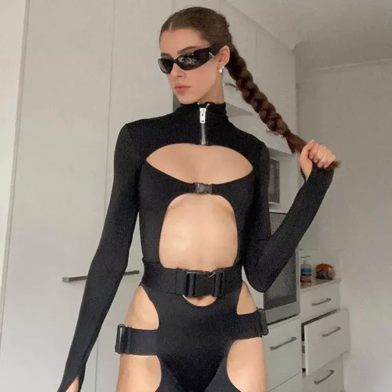 Amerikaanse Sexy Street Jumpsuit Bodyconvormige Opstaande Kraag Slanke Rompertjes Met Lange Mouwen En Magere Uitgeholde Shorts Voor Dames