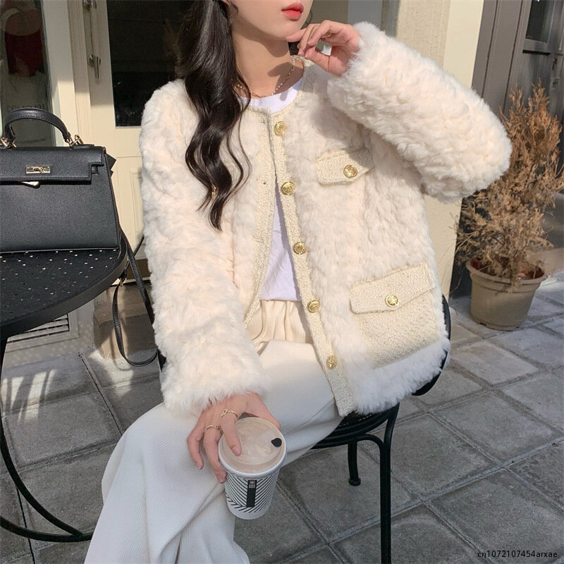 Korean Fashion Lamb Wool Coats Women Streetwear O-Neck Faux Fur Jackets Woman 2023 Autumn Winter Thick Warm Plush Coat