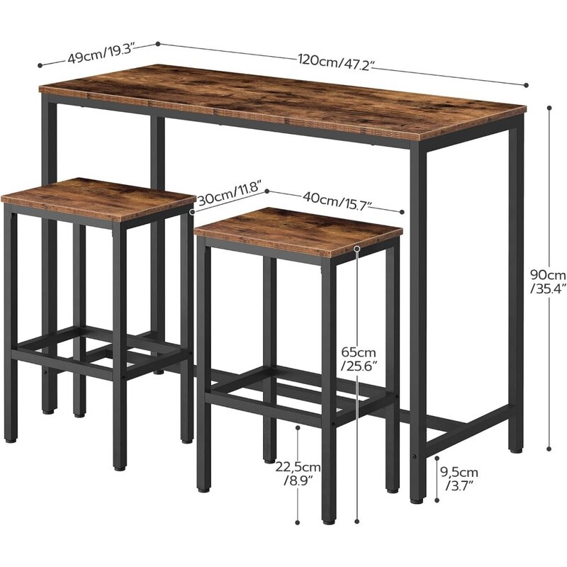 Set di sedie, tavolo da Pub rettangolare da 47.2 pollici con 2 sgabelli per piccoli spazi, tavolo alto, Set di 3 tavoli da colazione, robusto