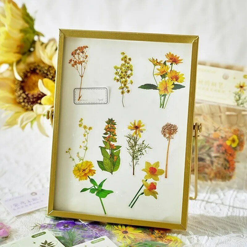 신선한 꽃 식물 스티커 DIY 장식 애완 동물 방수 스티커, 플래너 스크랩북 노트북용, 40 개
