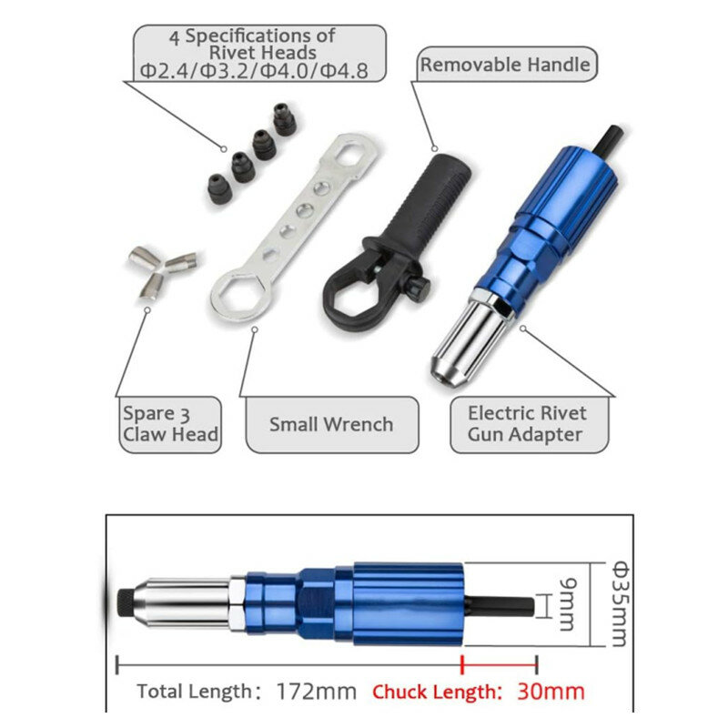 Profissional Elétrica Rivet Gun Kit Adaptador, Cordless Rebitagem Ferramenta, Inserir Porca Broca, Pull Rivet, 2,4 milímetros-4,8 milímetros