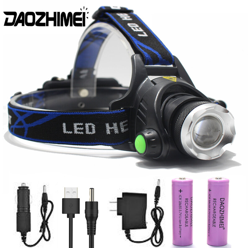 Farol LED com Luz Forte, T6, L2, Lâmpada Zoomable, Tocha Principal Impermeável, Lanterna, Farol De Pesca, Uso 18650, 3 Modos