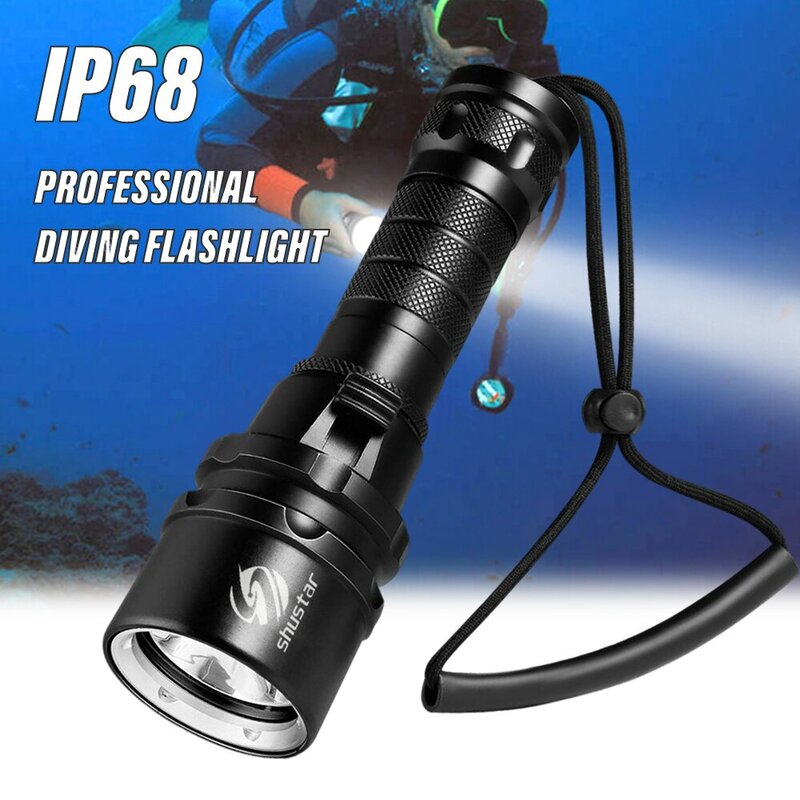 Torcia subacquea ad alta potenza IP68 più alta valutazione impermeabile luce subacquea professionale alimentata da batteria 18650 con corda a mano