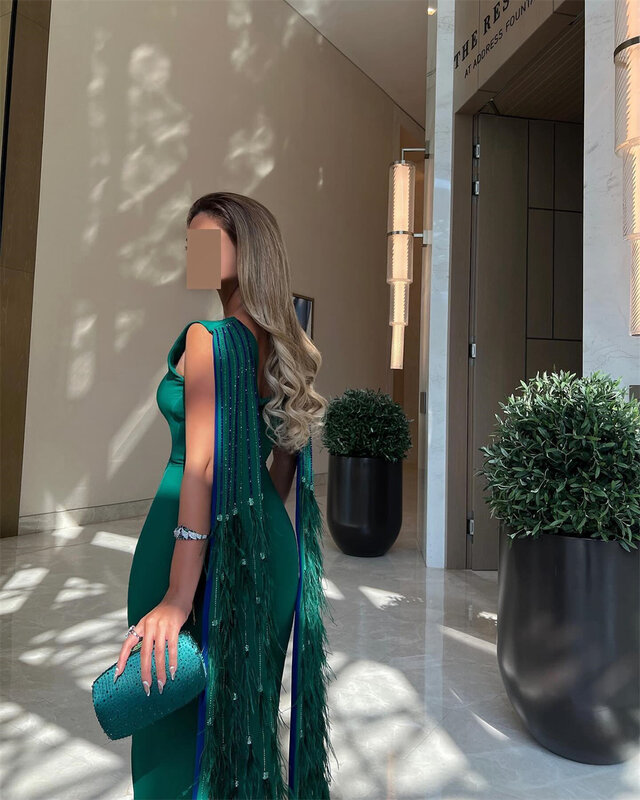 Evening Ball Dress Saudi Arabia Jersey Feather Draped Pleat Beach Sheath O-Neck Bespoke Occasion Gown Midi Dresses