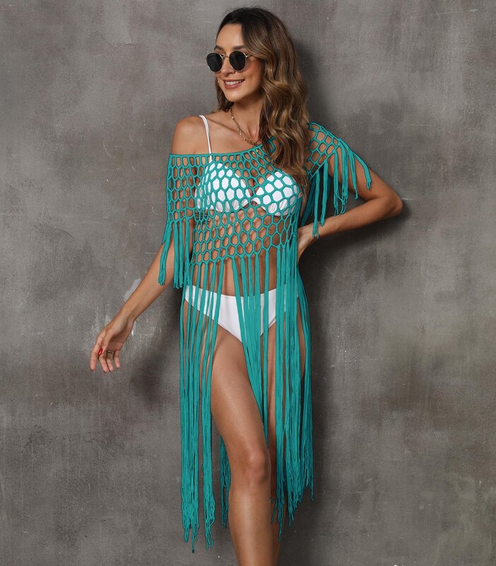 Women's beach cover-up knitted mesh sexy hollow tassel stitching pure hand hook bikini cover-up 2024 new style