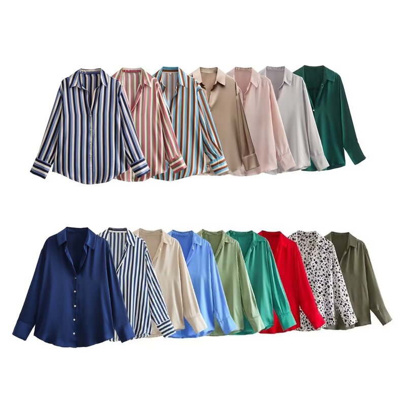 22 Women 2024 New Fashion Flowy Satin Loose Shirts Blouses Vintage Long Sleeve Button-up Female Shirts Chic Tops