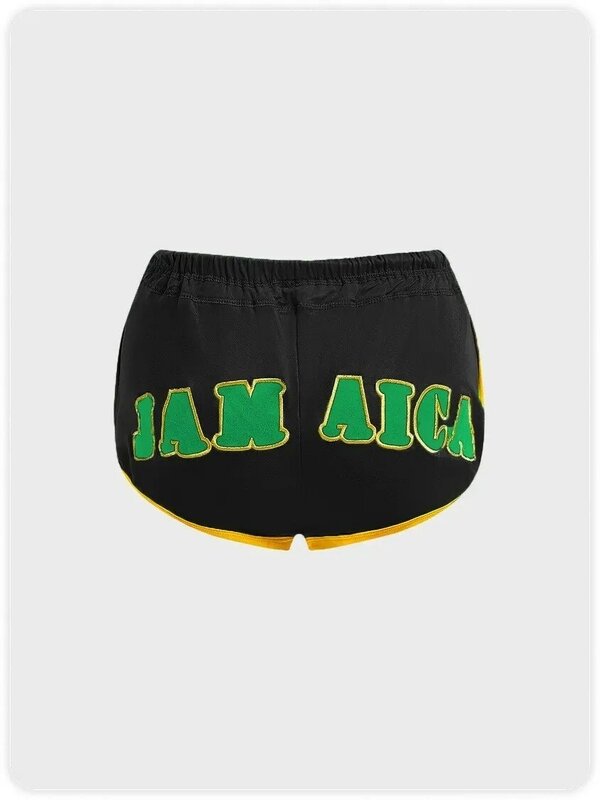Y2K estetyka szorty damskie jamajskie wyszywane litery Casual F koreańskie, szerokie nogawki spodnie luźne elastyczne sportowe spodnie