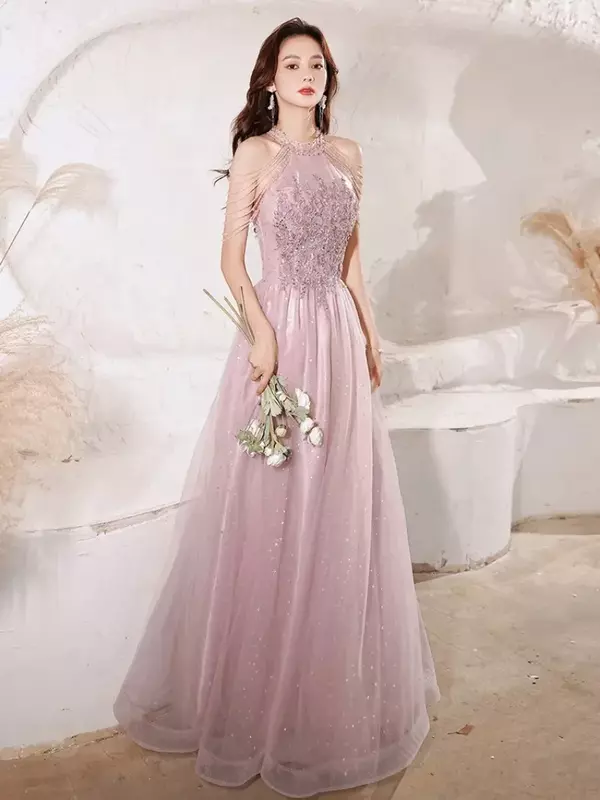 Gaun Prom gaya putri untuk wanita rok tanpa lengan Halter Solid rumbai manik-manik gaun pesta wanita elegan Vestidos wanita