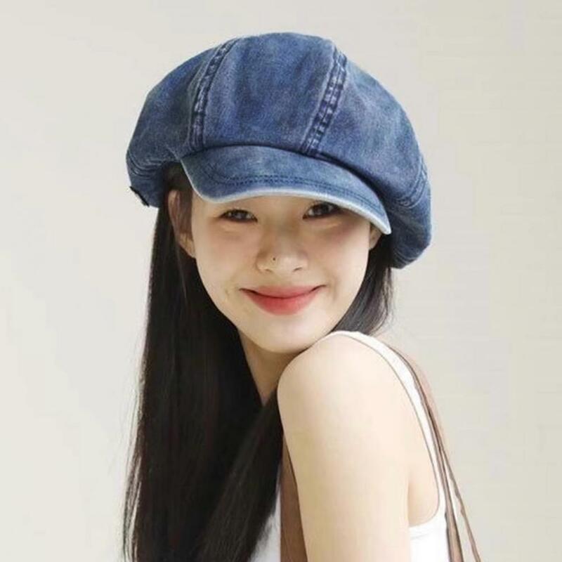 Beret Stylish Retro Cowboy Octagonal Hat for Women Lightweight Breathable Sun Protection Beret with Long Brim Anti-uv Summer