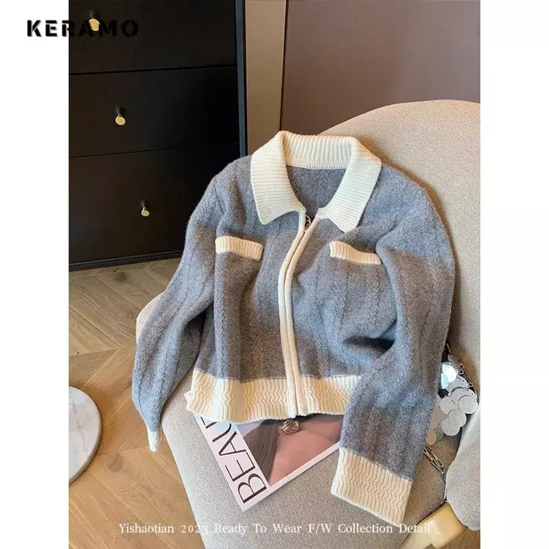 2023 Winter Knitting Long Sleeve Casual Turn Down Collar Cardigans Women Fashion Chic Patchwork Single Breasted Ladies Sweater