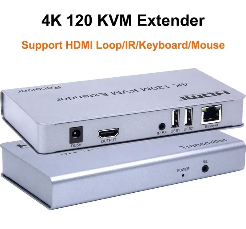 이더넷 케이블 비디오 송신기 및 리시버 지지대 루프 IR 키보드 마우스, 4K 120M USB HDMI KVM 익스텐더, Cat5e Cat6 Rj45