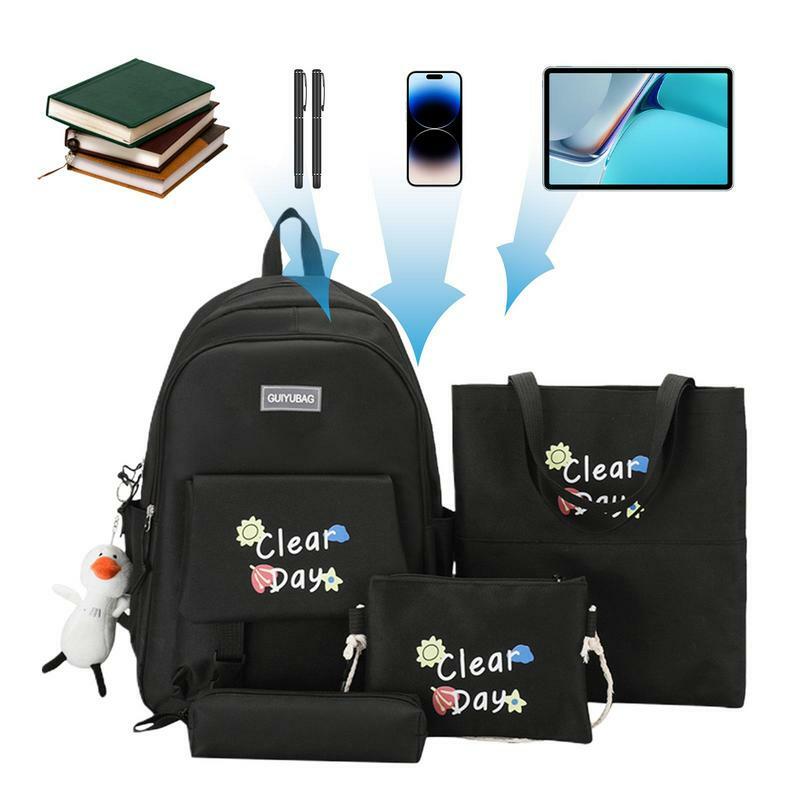 Mochilas com bolsos laterais, conjunto de 4, bolsa de ombro, estojo para estudantes, adolescentes, livros, água