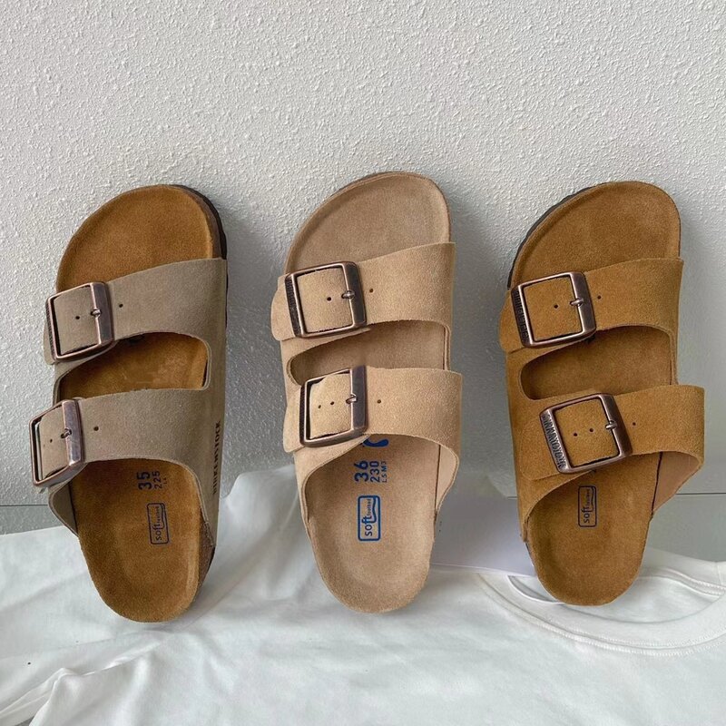 Sandalias planas de piel auténtica para hombre y mujer, zapatillas informales de ante, zapatos planos para amantes de la marca de lujo, 35-44, 2023