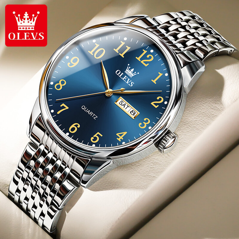 OLEVS jam tangan kuarsa untuk pria, arloji bisnis merek Top mewah sederhana desain Digital baja tahan karat