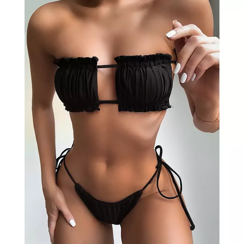 Seksowne Bikini 2023 plisowany Bandeau kostium kąpielowy damski strój kąpielowy dla kobiet Mini stringi Bikini zestaw kąpielowy kostium kąpielowy