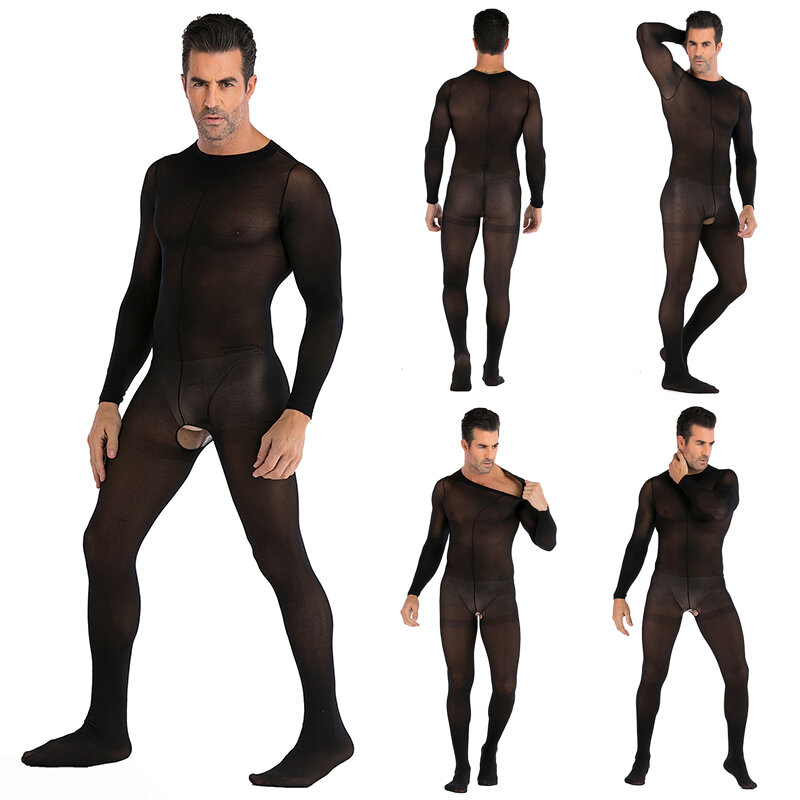Men Sexy See-Through High Stretch Open Crotch Jumpsuit Round Neck Solid Color Long Sleeve Nightclub Pajamas Bodysuit Underwear