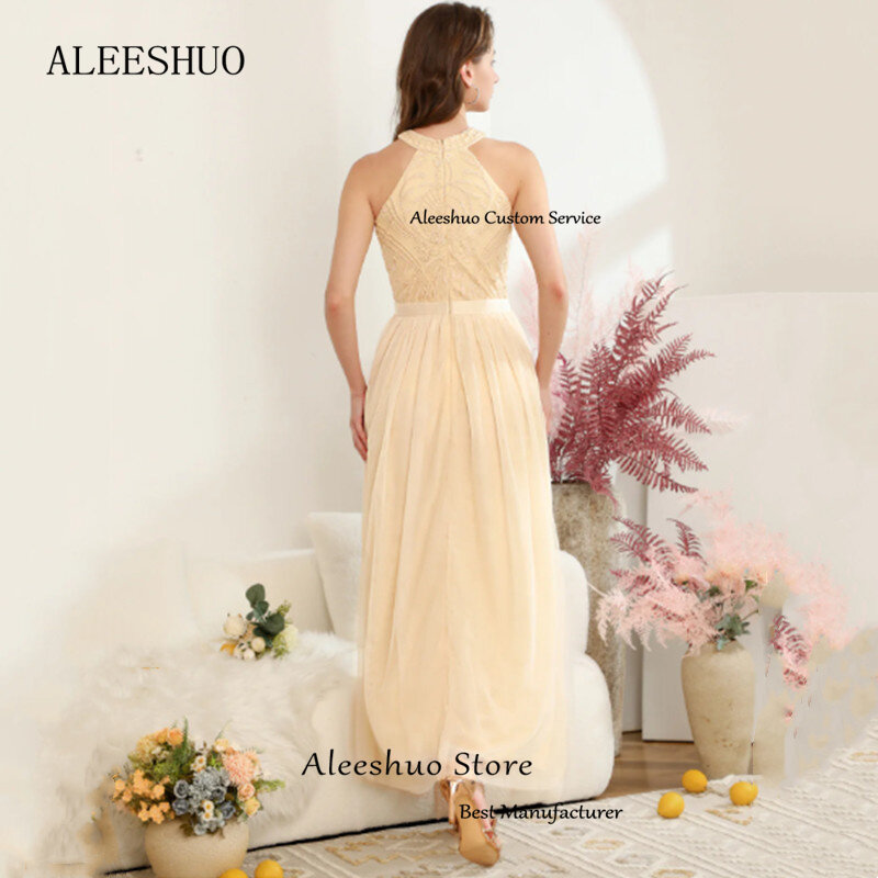 Aleeshuo Elegant Chiffon Halter Sleeveless Prom Dress Beded Flower Summer Light Party Dress Ankle Length De Noche 2023