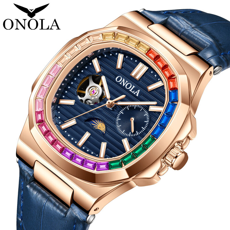 ONOLA Fashion Colorful Diamond Hollow orologi meccanici completamente automatici da uomo e da donna orologio da uomo in pelle impermeabile