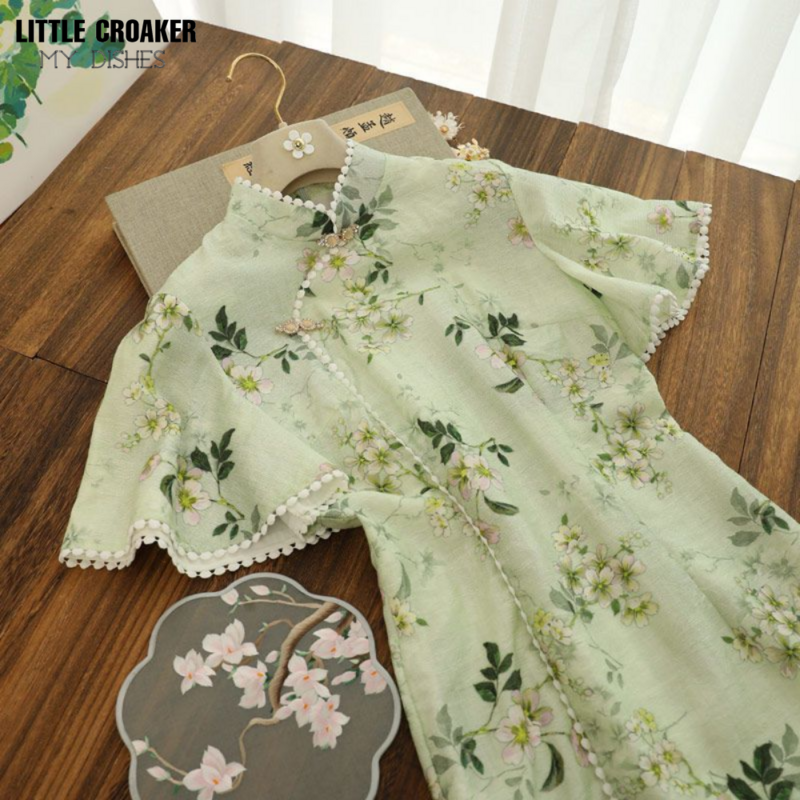 Women Oversized Modified Cheongsam Young Girls Summer New Style Temperament Dress with Inverted Large Sleeves Chinoiserie Daily