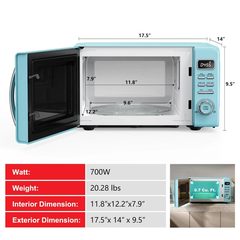 Retro Countertop Microwave Oven with Auto Cook & Reheat, Defrost, Quick Start Functions, Pull Handle.7 cu ft, Blue