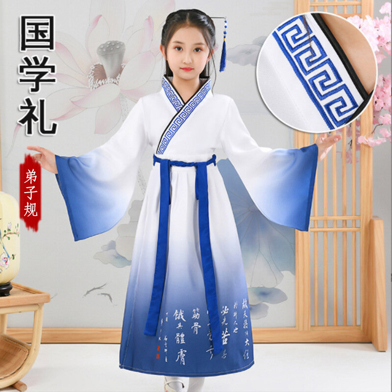 Hanfu baju sekolah anak laki-laki anak perempuan, baju Hanfu Modern tradisional Tiongkok, pakaian sekolah gaya kuno