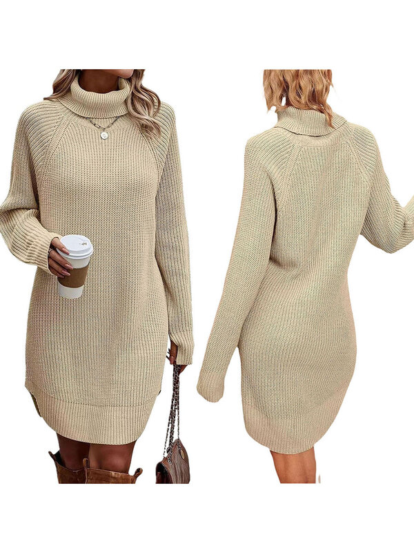 Gaun Sweater rajut wanita, gaun Mini lengan panjang leher kura-kura warna Solid musim gugur