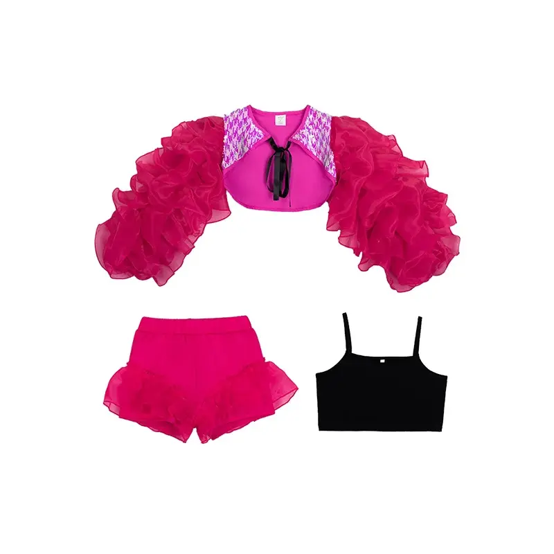 เสื้อผ้าเชียร์ลีดเดอร์แขนพัฟสีชมพูสำหรับเด็กผู้หญิงชุดการแสดงบนเวทีชุดเต้นแจ๊สชุดเสื้อผ้า K-Pop 2024