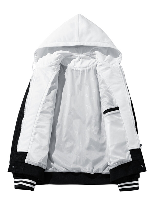 2023 New Spring Men's Hooded Varsity Jacket Streetwear Fashion Fake 2 In 1 Single Breasted Casual Windbreaker Loose Letter Coat