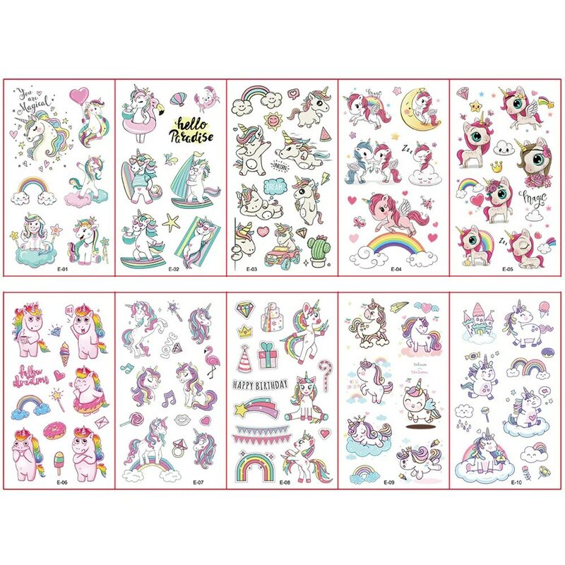 10 Sheets/Set Children Cute Cartoon Unicorn Temporary Tattoo Stickers for Kids Body Arm Fake Tattoo Makeup Sticke
