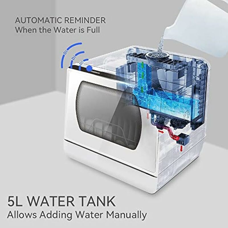 Hermitlux meja mesin cuci piring, 5 program cuci piring portabel dengan tangki air bawaan 5 Liter untuk pintu kaca