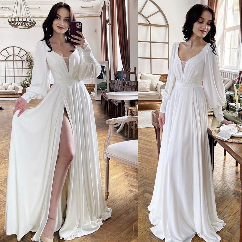 Boho Chiffon Wedding Dress 2024 Long Sleeve V-Neck Side Slit A-line Bridal Gown Elegant Robe De Mariee