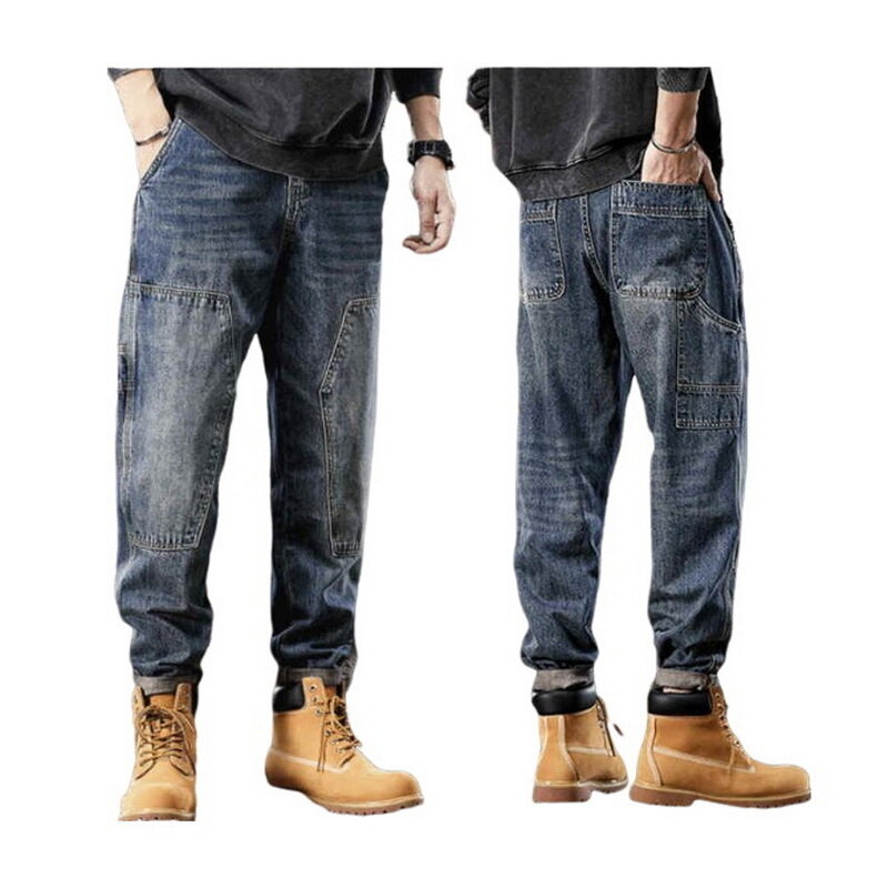 กางเกงยีนส์ผู้ชายสไตล์อเมริกันฮาเร็ม, กางเกงยีนส์แบบมีกระเป๋าขนาดใหญ่แบบปะต่อเก่าทรงหลวมกางเกงยีนส์ฤดูใบไม้ร่วง