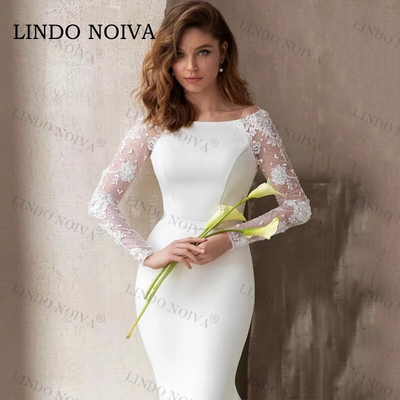 Lindo niva-レースの人魚の形をした長袖のサテンドレス,後ろにボタンが付いたモダンなレースのウェディングドレス
