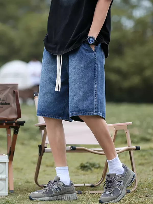 2024 Nieuwe Zomer Denim Shorts Heren Koreaanse Mode Effen Trekkoord Baggy Retro Jeans Shorts Heren Katoen Casual Korte Denim Broek