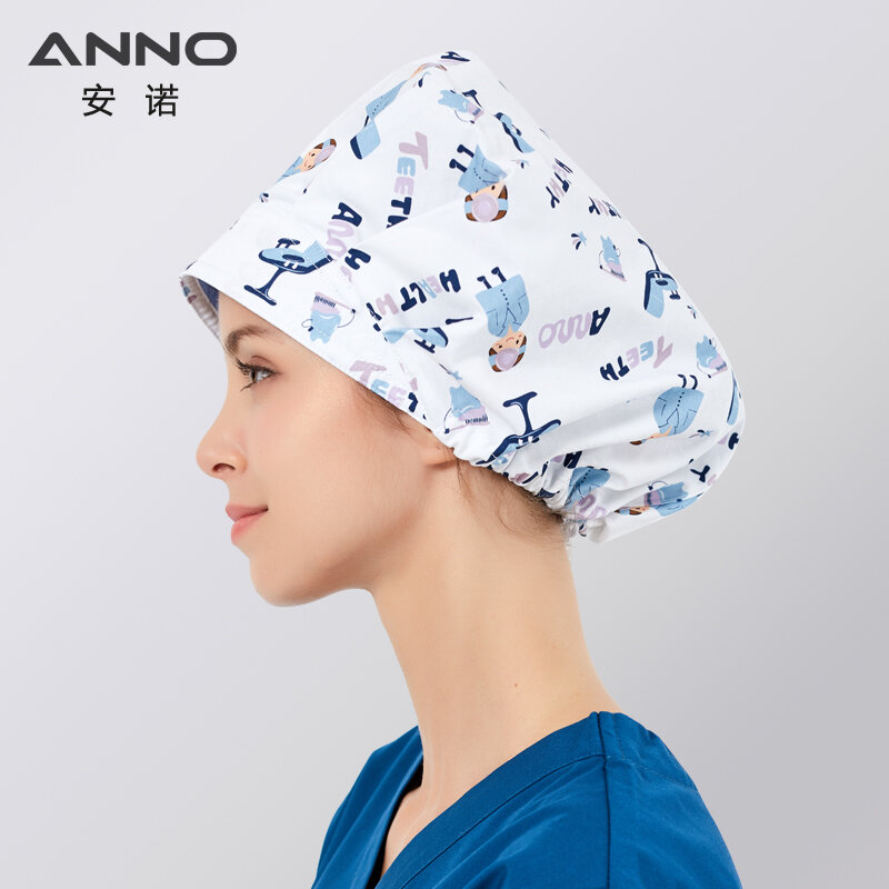 ANNO Cotton Caps Women Hospital Doctor Nurse Work Hats Bouffant Nursing Cap with Sweatband Long Hair Head Wear Chlorine Bleach