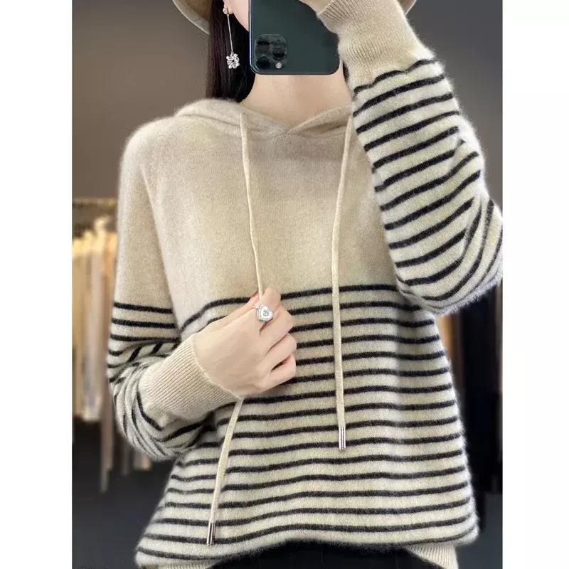 Женский шерстяной свитер в полоску, Свободный вязаный пуловер контрастных цветов с капюшоном, Осень-зима 2023