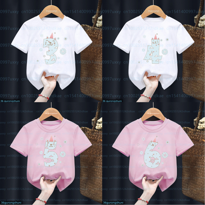 Camiseta divertida con estampado de nubes para niños y niñas, camiseta de manga corta con estampado de unicornio y gatos, regalos de cumpleaños para bebés de 2 a 10 años