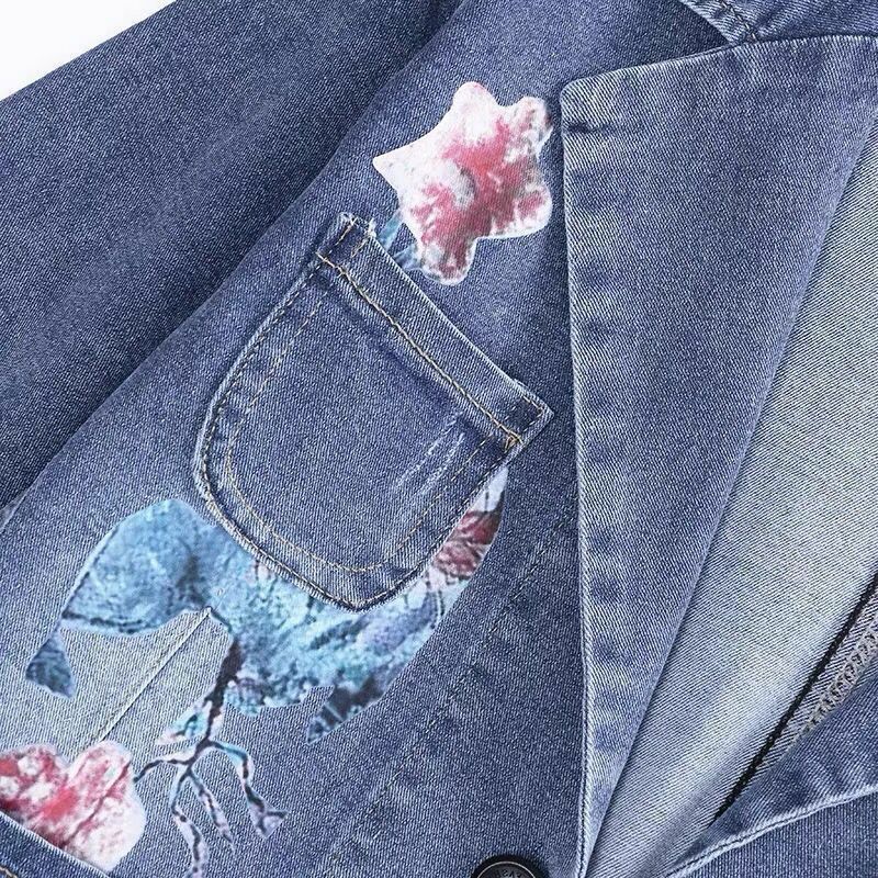 Casaco jeans de colarinho vintage estampado feminino, jaqueta jeans curta justa de botão único, outwear casual, tops femininos, primavera, outono, T188