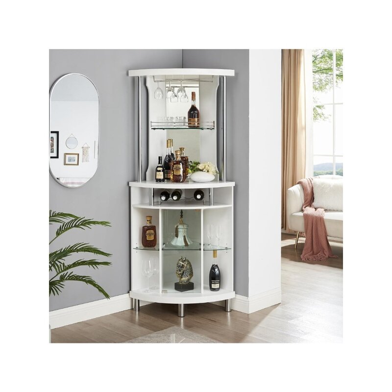 White Corner Bar Cart, 72 "Built-in Wine Rack, armário de vidro inferior, sala de estar, casa, escritório, cozinha, espaço pequeno