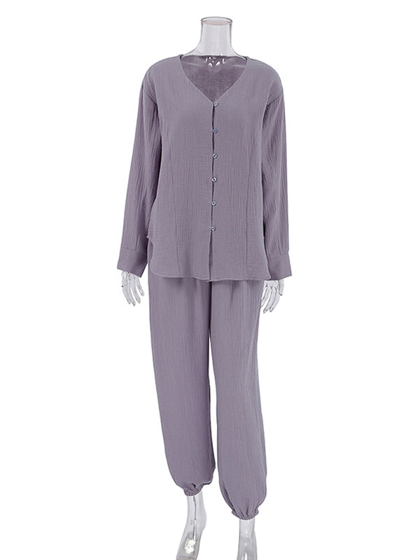 Hiloc Witte Katoenen Nachtkleding Lange Mouw Vrouwen Pyjama Hoge Taille Broek Set Single-Breasted V-hals Thuis Pak Lente Vrouwen 'S Suit