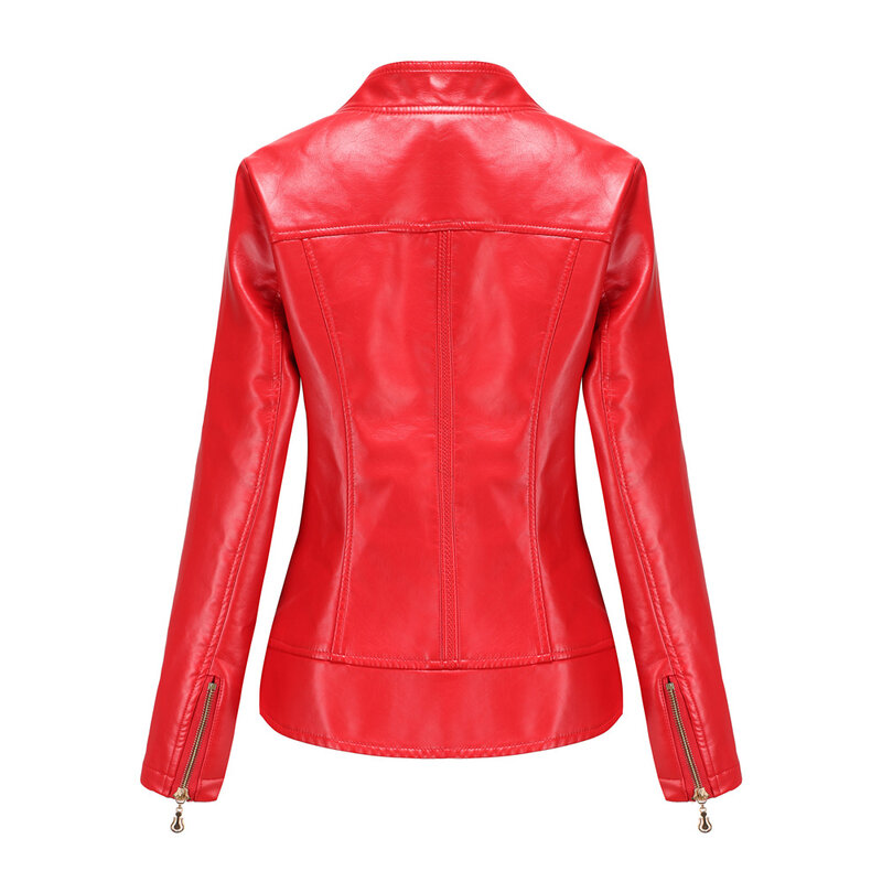 Chaqueta de piel sintética con solapa para mujer, abrigo informal con cremallera adornada, color rojo brillante, moda femenina